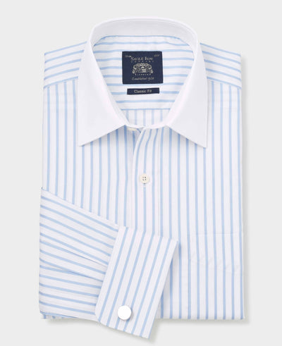 Men's Sky Blue White Cotton Stripe Classic Fit Winchester Formal Shirt With Double Cuffs folded
