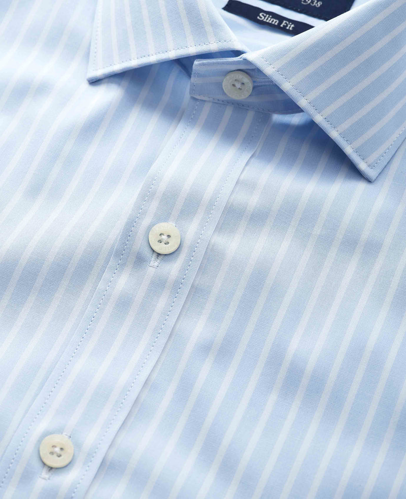 Sky Blue White Cotton Poplin Striped Slim Fit Formal Shirt - Double Cuff