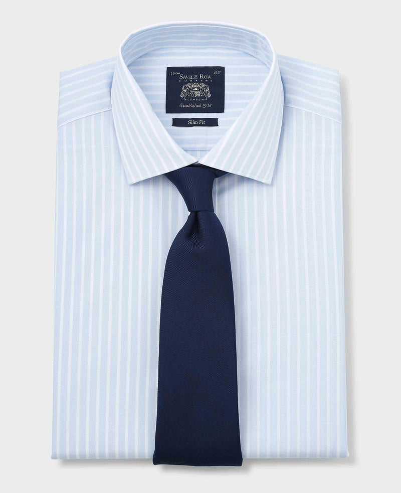 Sky Blue White Cotton Poplin Striped Slim Fit Formal Shirt - Double Cuff