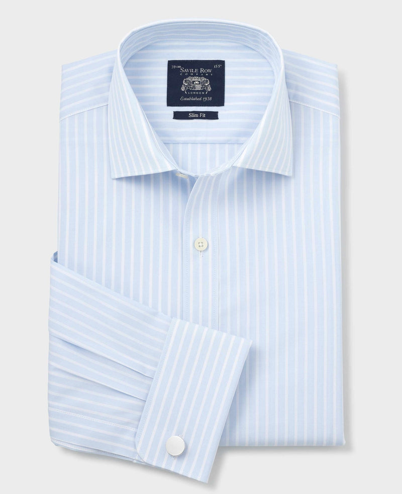 Sky Blue White Cotton Poplin Striped Slim Fit Formal Shirt - Double Cuff