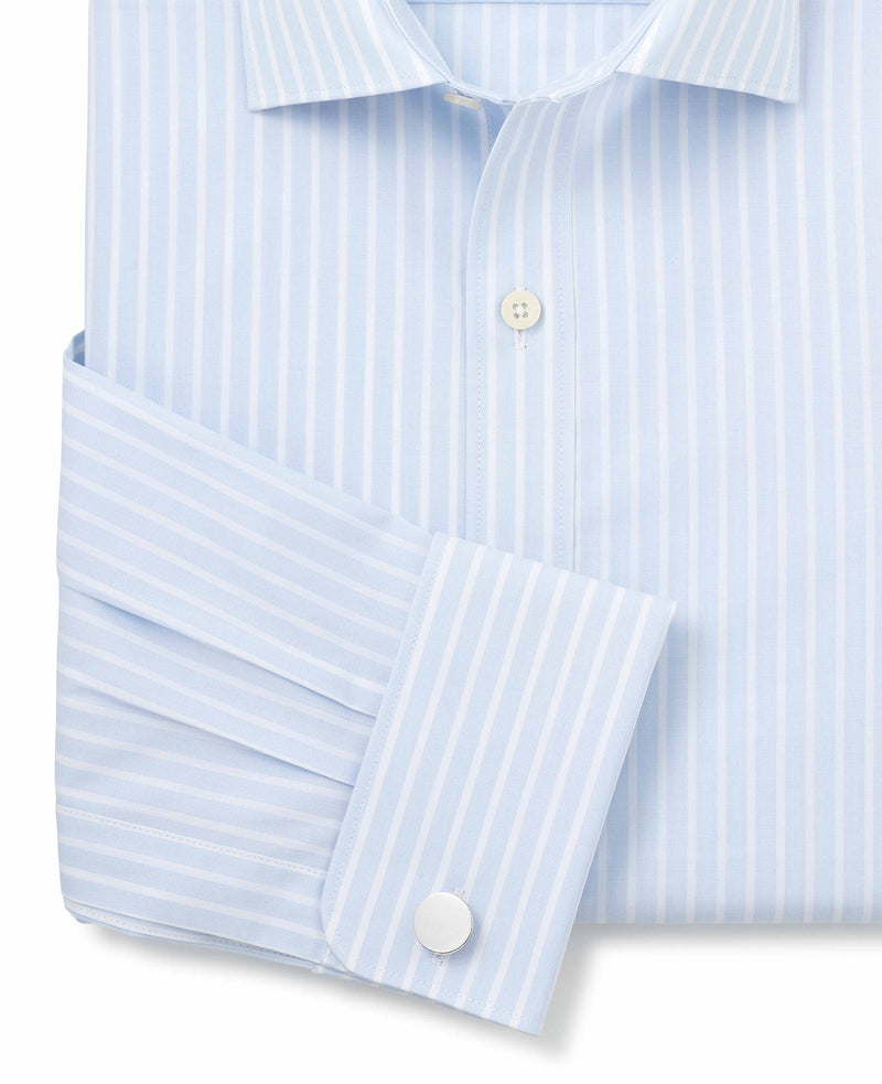 Sky Blue White Cotton Poplin Striped Slim Fit Formal Shirt - Double Cuff