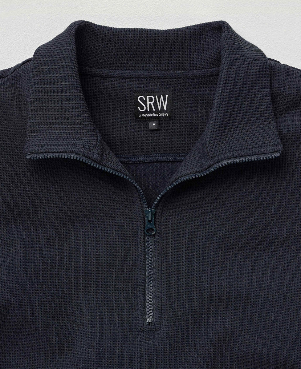 ◆SATUR◆ Velor loose fit half zip-up navy SA243UTM09NV French Terry Logo Sleeve Half-Zip Sweatshirt: Women's