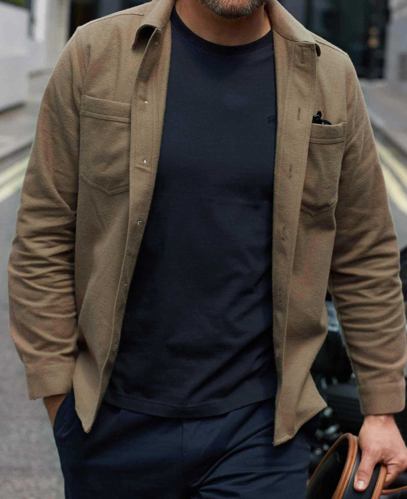 tan brushed cotton overshirt 1404tan model image 3 cropped