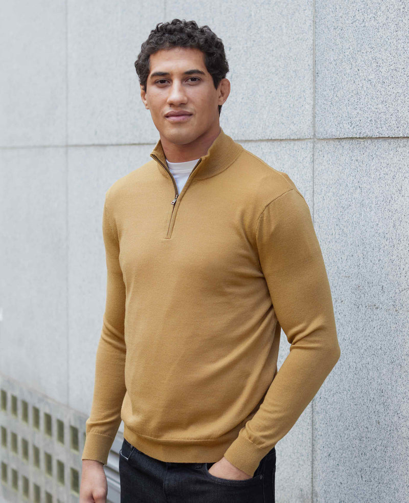 Tan Merino Wool Zip Neck Jumper