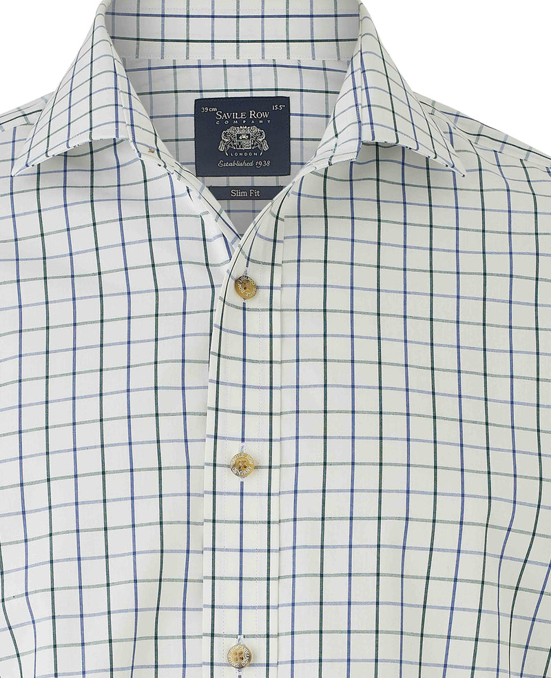White Blue Cotton Tattersall Check Slim Fit Formal Shirt - Single Cuff