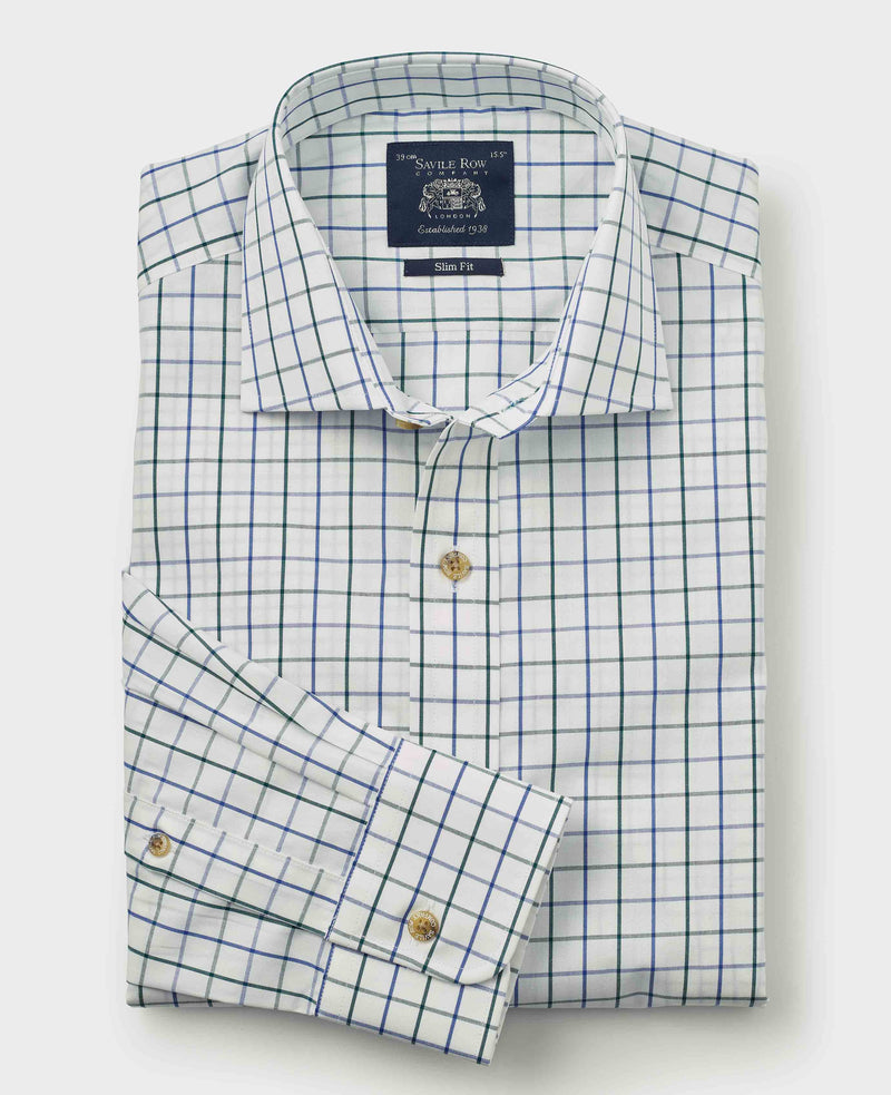 White Blue Cotton Tattersall Check Slim Fit Formal Shirt - Single Cuff