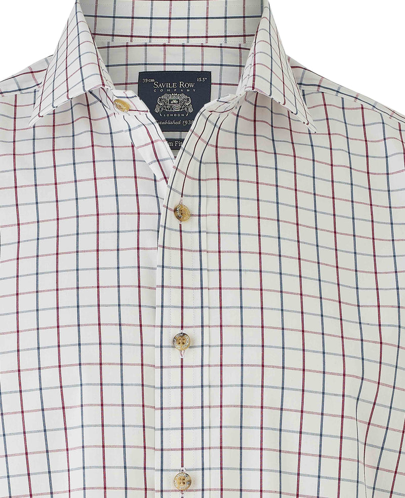 White Burgundy Cotton Tattersall Check Slim Fit Formal Shirt - Single Cuff