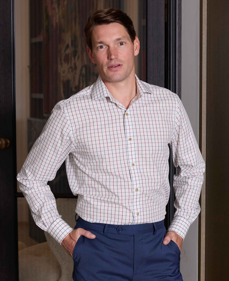 White Burgundy Cotton Tattersall Check Slim Fit Formal Shirt - Single Cuff