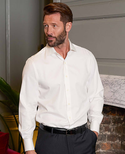 Natural White Cotton Herringbone Slim Fit Formal Shirt - Double Cuff