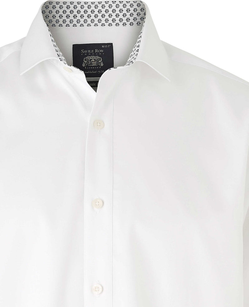 Men's White Cotton Twill Classic Fit Smart-Casual Shirt With Single Cuffs collar detail