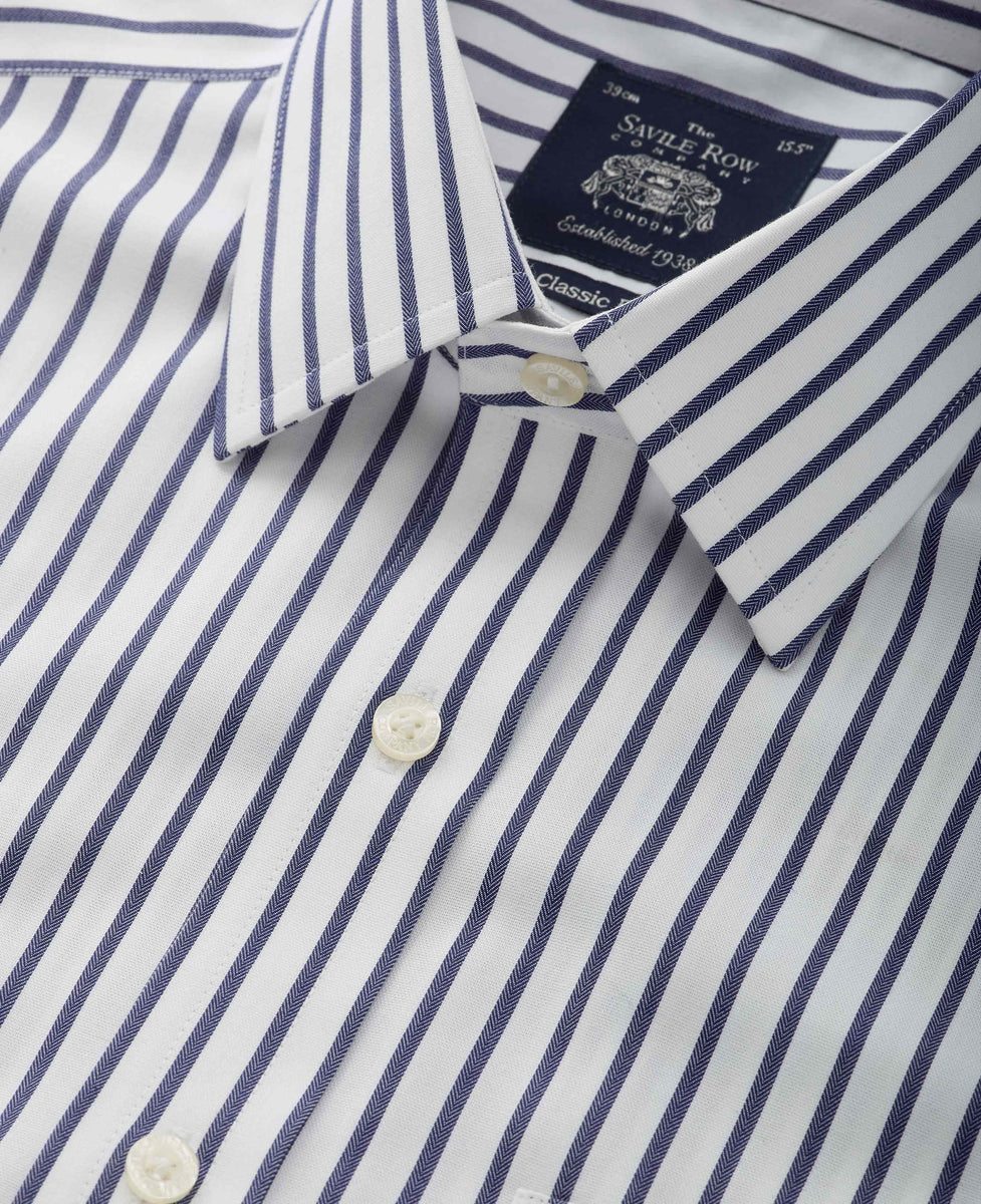 Navy and White Butcher Stripe Classic Custom Shirt 100c 140/2*70 Sii0018 main image 0