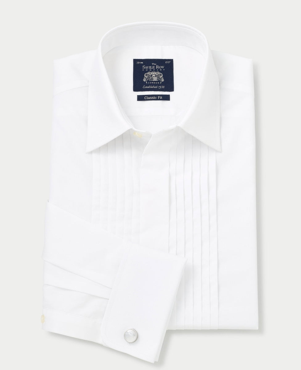 Men's White Pleated Front Classic Fit Dress Formal Shirt With Double Cuffs
