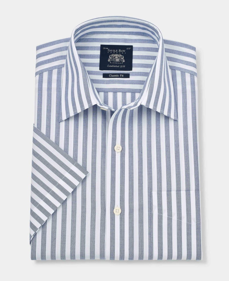 Men's Navy White Classic Short Sleeve Striped Formal Shirt