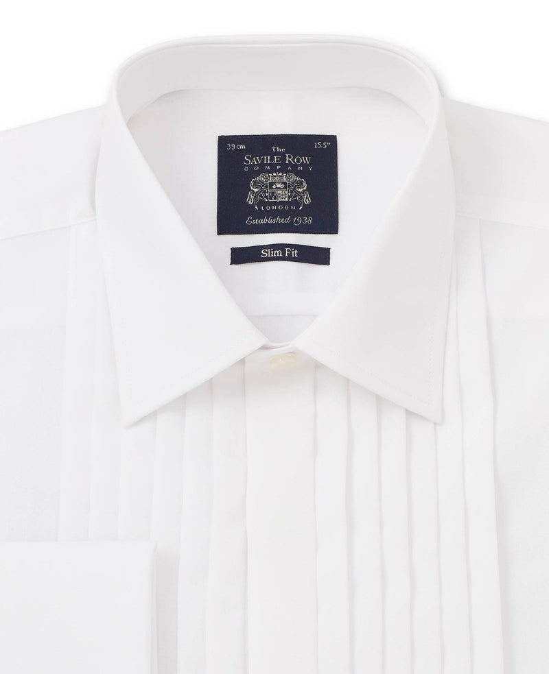 White Poplin Pleated Slim Fit Double Cuff Evening Shirt - 960WHT Collar Detail - Large Image