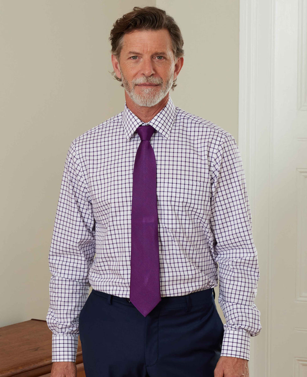 Men's White Purple Cotton Grid Check Classic Fit Formal Shirt With