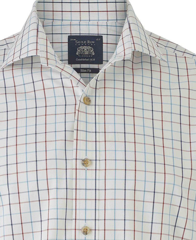 White Red Cotton Tattersall Check Slim Fit Formal Shirt - Single Cuff