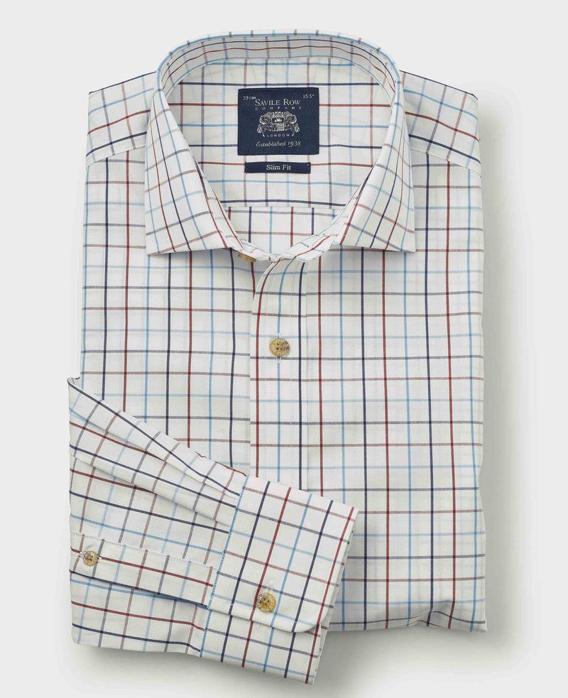 White Red Cotton Tattersall Check Slim Fit Formal Shirt - Single Cuff