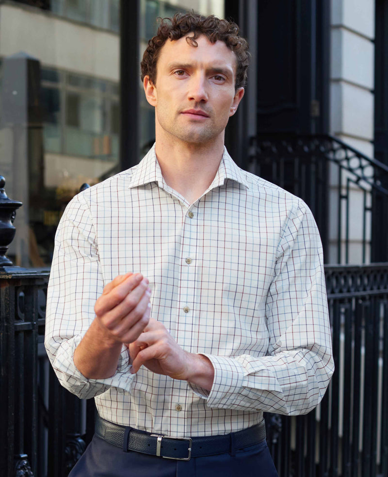 White Red Cotton Tattersall Check Slim Fit Formal Shirt - Single Cuff