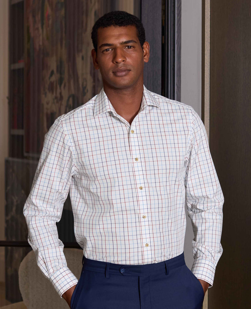 White Red Cotton Tattersall Check Slim Fit Formal Shirt - Single Cuff