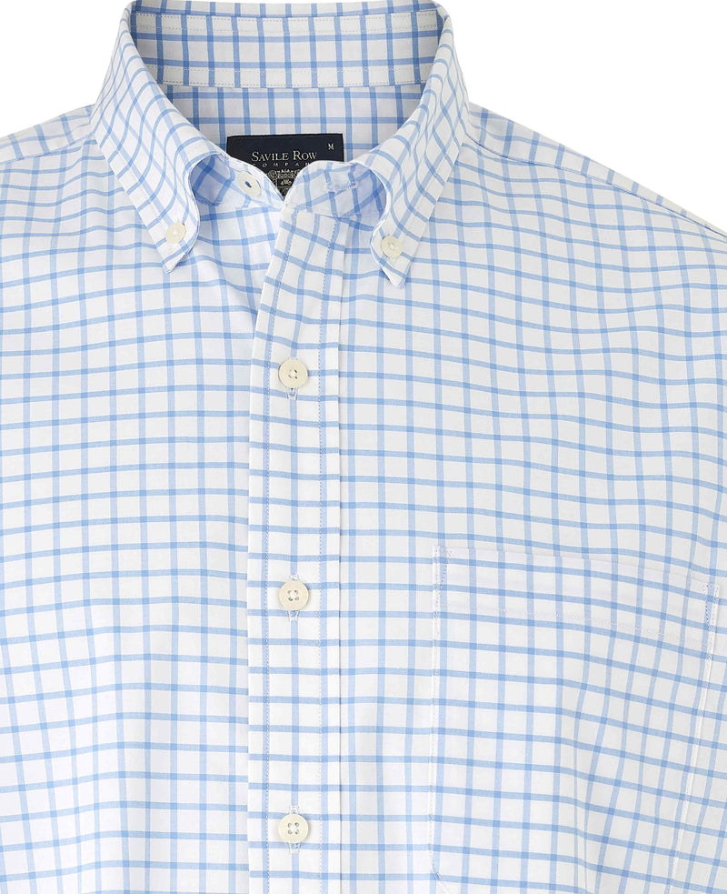 Men's White Sky Blue Stretch Cotton Classic Fit Button-Down Check Casual Shirt collar detail