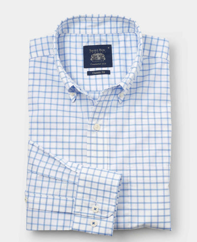 Men's White Sky Blue Stretch Cotton Classic Fit Button-Down Check Casual Shirt folded