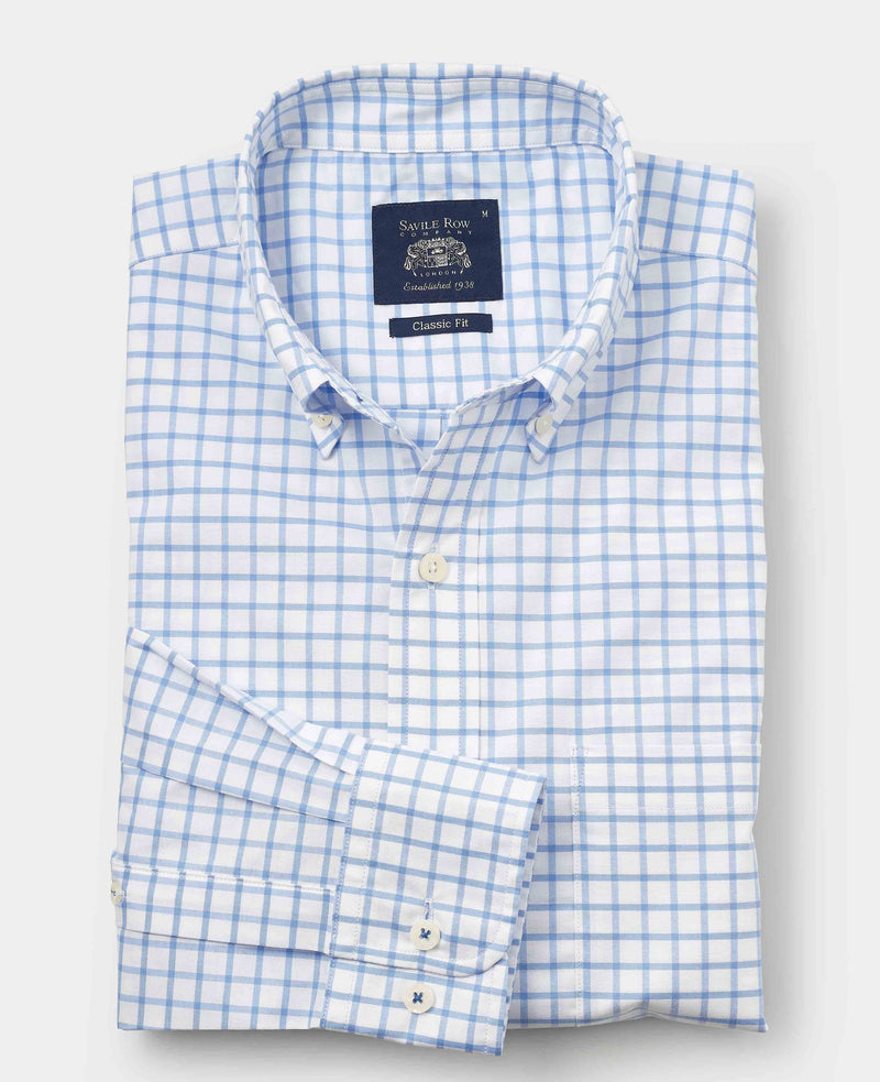 Men's White Sky Blue Stretch Cotton Classic Fit Button-Down Check Casual Shirt folded
