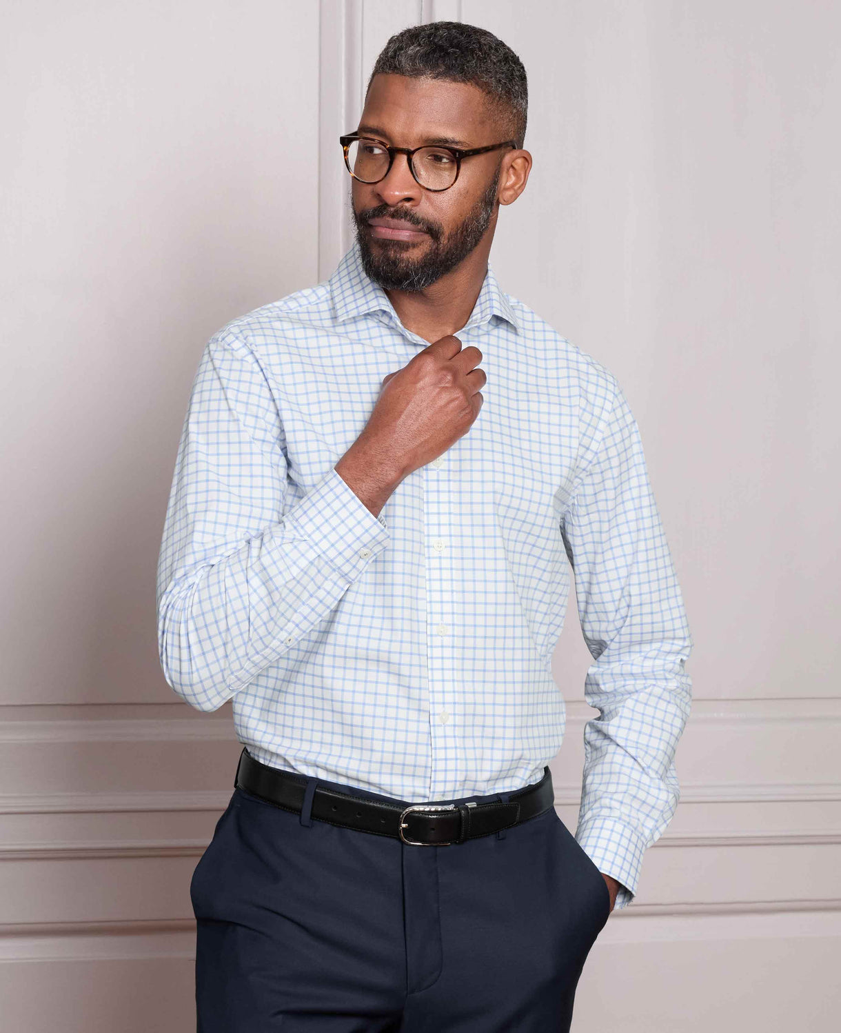 Men's White Sky Blue Stretch Cotton Slim Fit Check Smart Casual Shirt model image