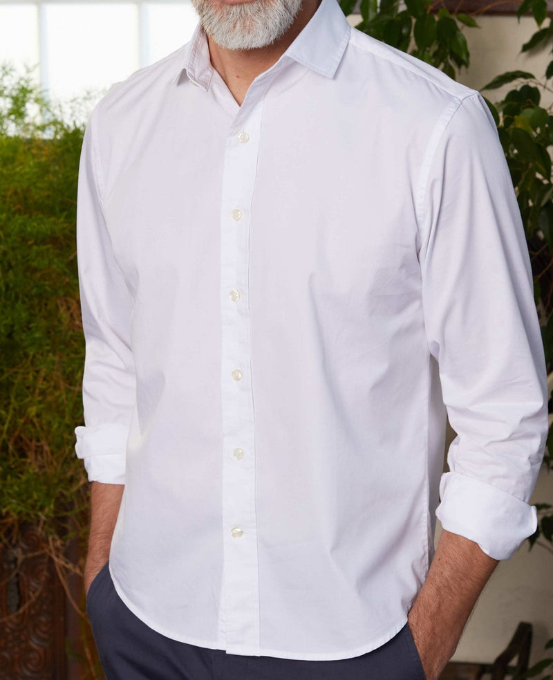 Men's White Cotton Twill Slim Fit Casual Shirt In Short Length