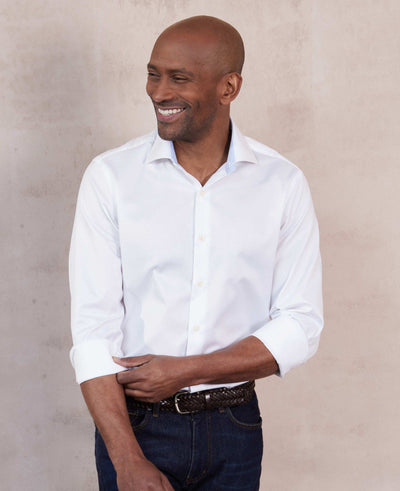 Men's White Two-Ply Cotton Slim Fit Formal Shirt With Single Cuffs model shots