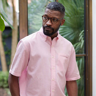 Mens pink short-sleeved linen shirt