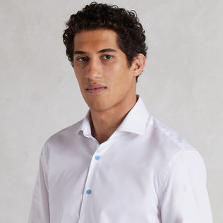 Mens white shirt with contrast blue buttons