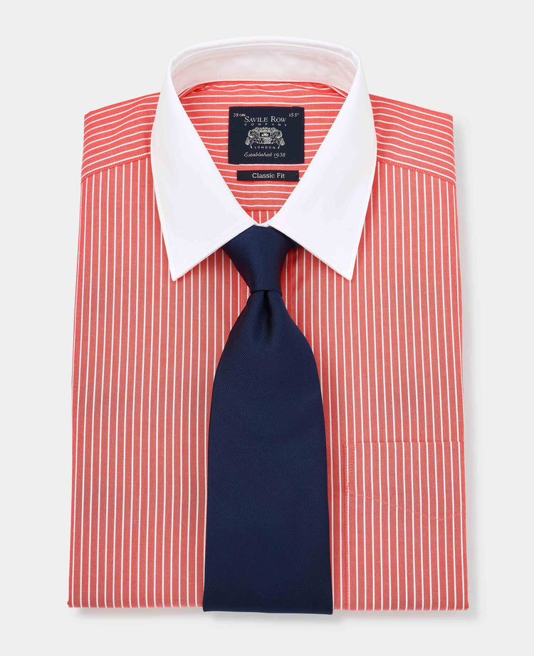 Men's Red White Cotton Stripe Classic Fit Formal Shirt