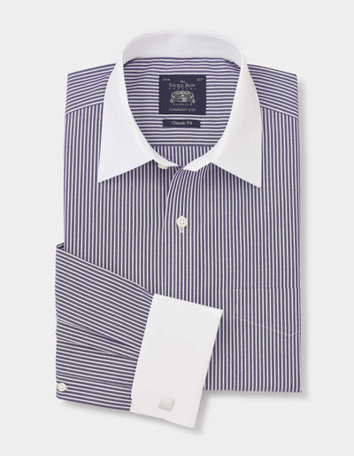 Dark Navy White Stripe Cotton Poplin Classic Fit Formal Shirt - Double White Cuff & White Collar