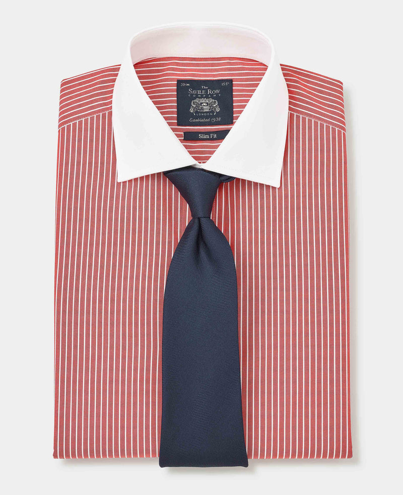 Red White Reverse Stripe Cutaway Collar Slim Fit Formal Shirt - Double Cuff