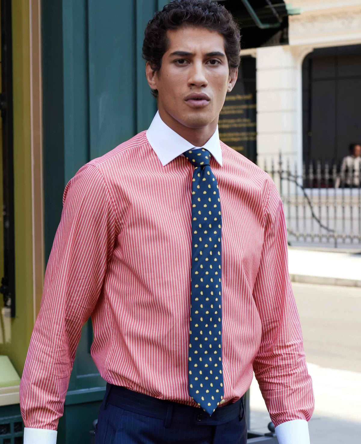 Men's Red White Stripe Cotton Slim Fit Winchester Formal Shirt With Double Cuffs model shot