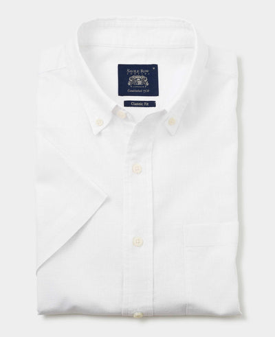 White Linen-Blend Classic Fit Short Sleeve Shirt