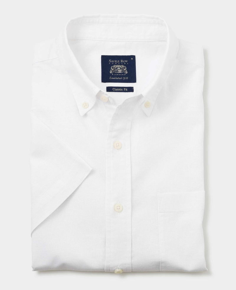 White Linen-Blend Classic Fit Short Sleeve Shirt