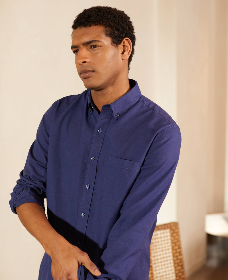 Navy Linen-Blend Classic Fit Casual Shirt