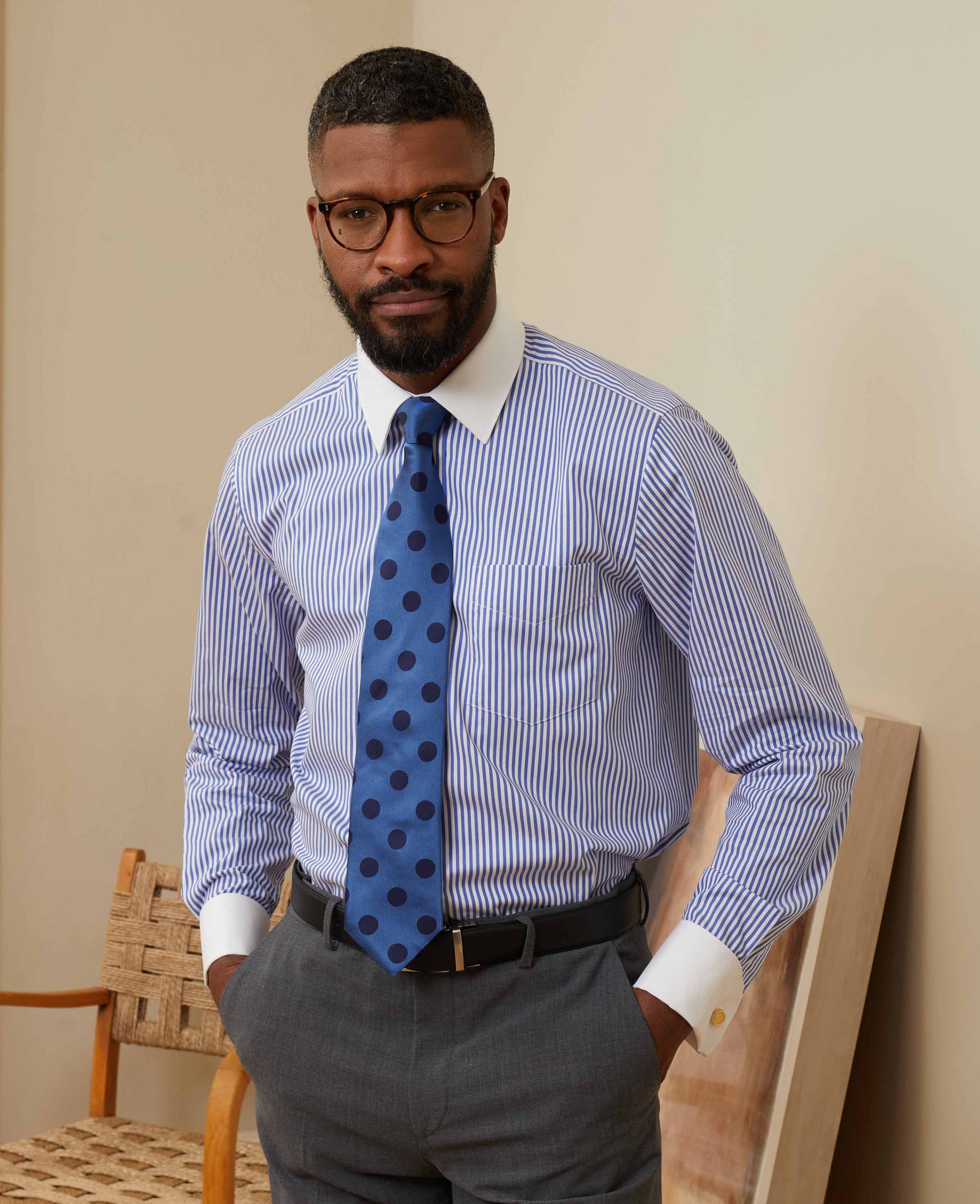 Men's Blue Bengal Stripe Classic Fit Winchester Formal Shirt With Double Cuffs | Savile Row Company Men's Blue Bengal Stripe Classic Fit Winchester Formal Shirt With Double Cuffs | Savile Row Company