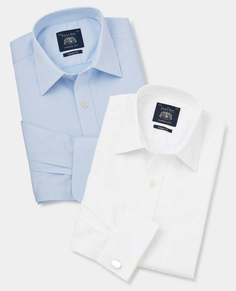 2pk White & Blue Twill Classic Fit Double Cuff Formal Shirts