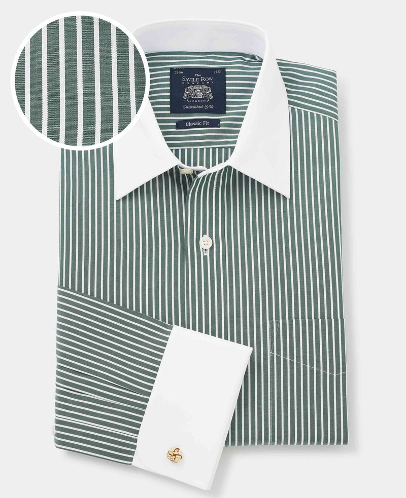 Dark Green Reverse Stripe Classic Fit Shirt With White Collar & Cuffs