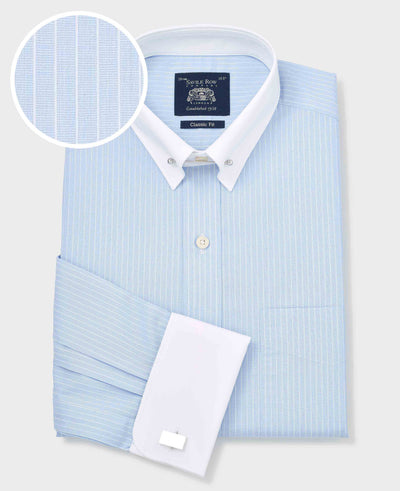 Sky Blue White Stripe Classic Fit Pin Collar Formal Shirt With White Collar & Cuffs - Double Cuff