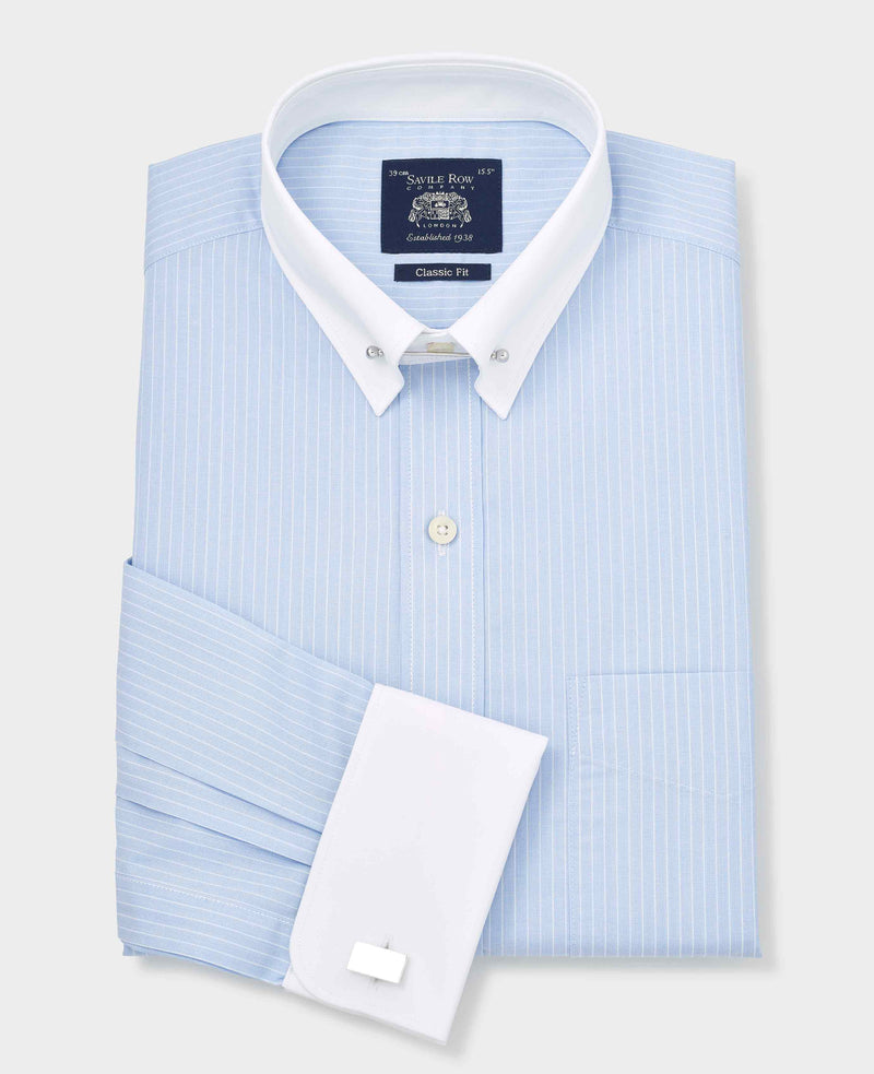 Sky Blue White Stripe Classic Fit Pin Collar Formal Shirt With White Collar & Cuffs - Double Cuff