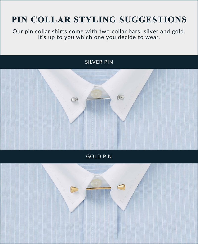 Sky Blue White Stripe Classic Fit Pin Collar Formal Shirt With White Collar & Cuffs - Double Cuff