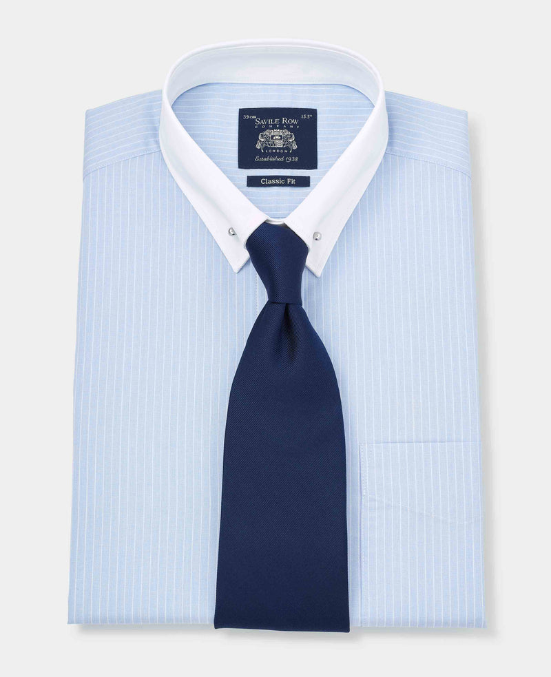 Men's Blue White Stripe Contrast Pin Collar Classic Fit Formal Shirt With Double Cuffs