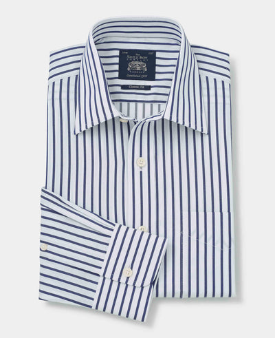 Men's White And Navy Striped Classic Fit Formal Shirt