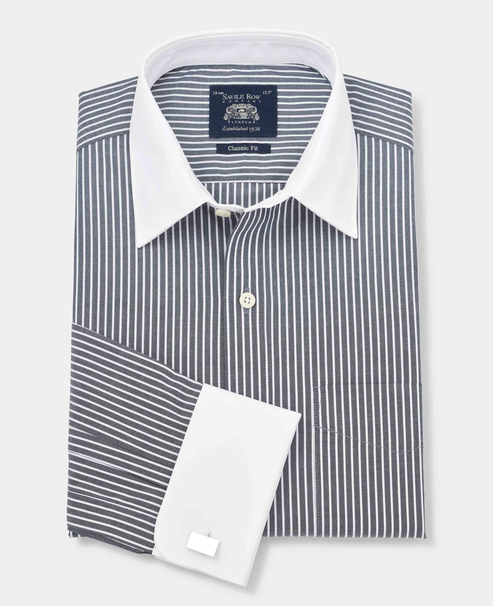 Men's Black White Stripe Classic Fit Winchester Formal Shirt With Double Cuffs | Savile Row Company Men's Black White Stripe Classic Fit Winchester Formal Shirt With Double Cuffs | Savile Row Company