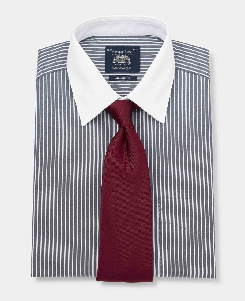 Black White Stripe Classic Fit Formal Shirt With White Collar & Cuffs - Double Cuff