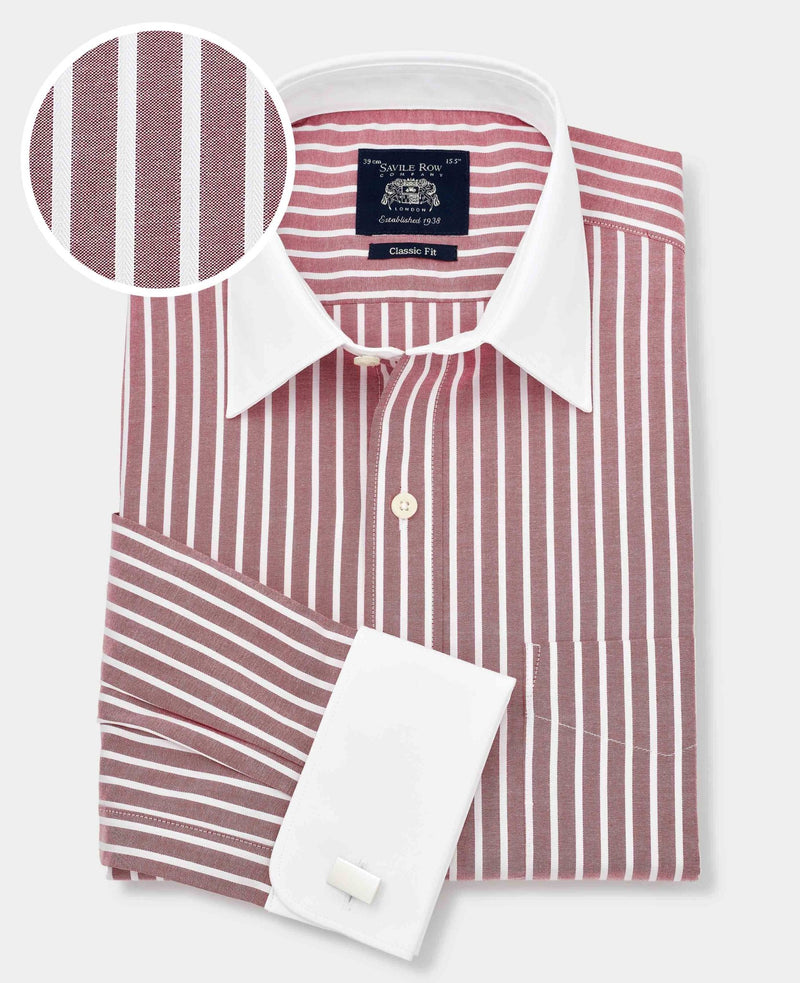 Dark Red White Stripe Classic Fit Shirt With White Collar & Cuffs - Double Cuff [RTC]