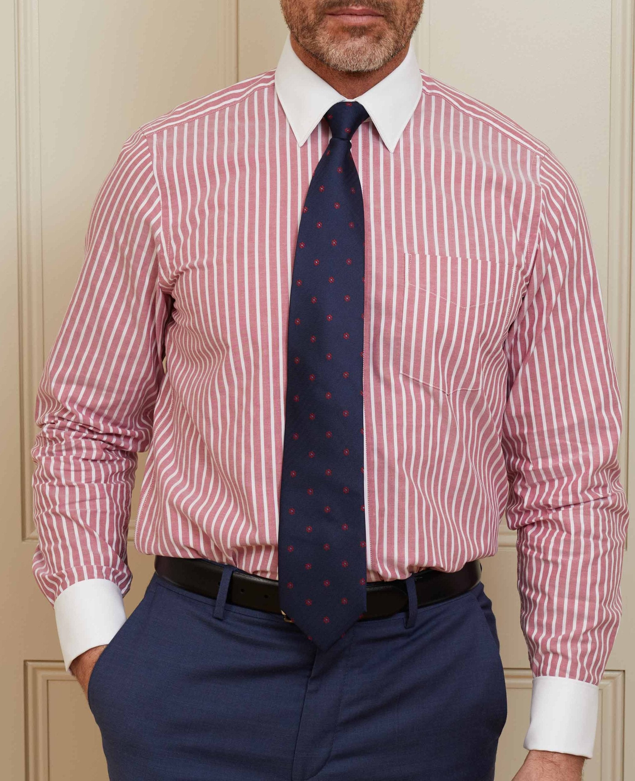 Men s Red White Stripe Classic Fit Winchester Formal Shirt With Double Cuffs Savile Row Company